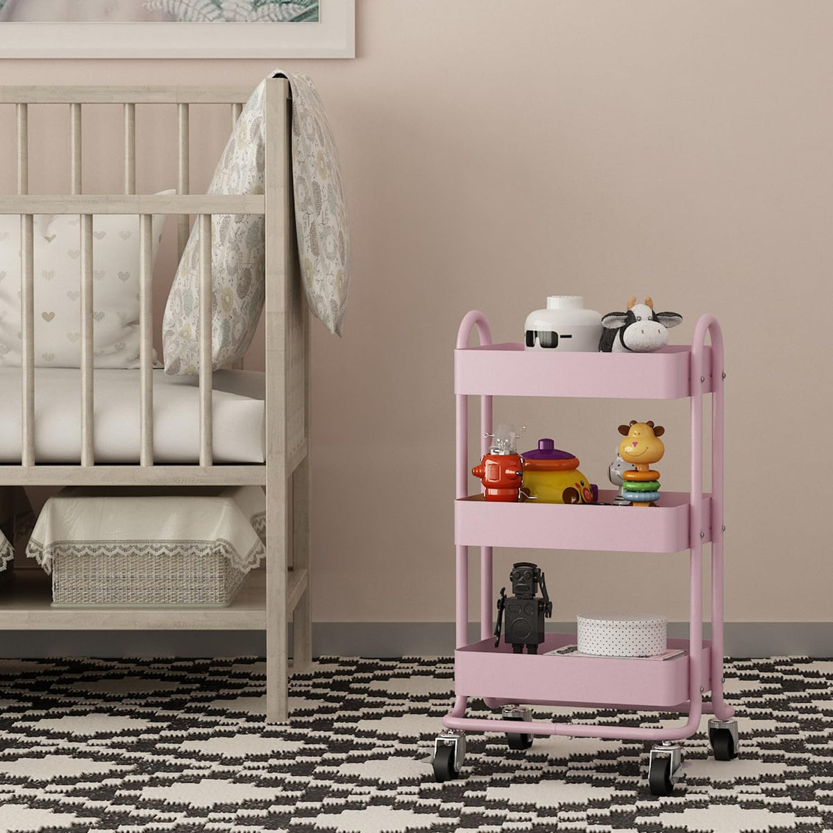 Metal Rolling Cart,3-Tier Pink Rolling Cart with Wheels,Metal Utility Cart with Wheels for Office,Home,Kitchen,Garden(13.4"x18.1"x31") Pink