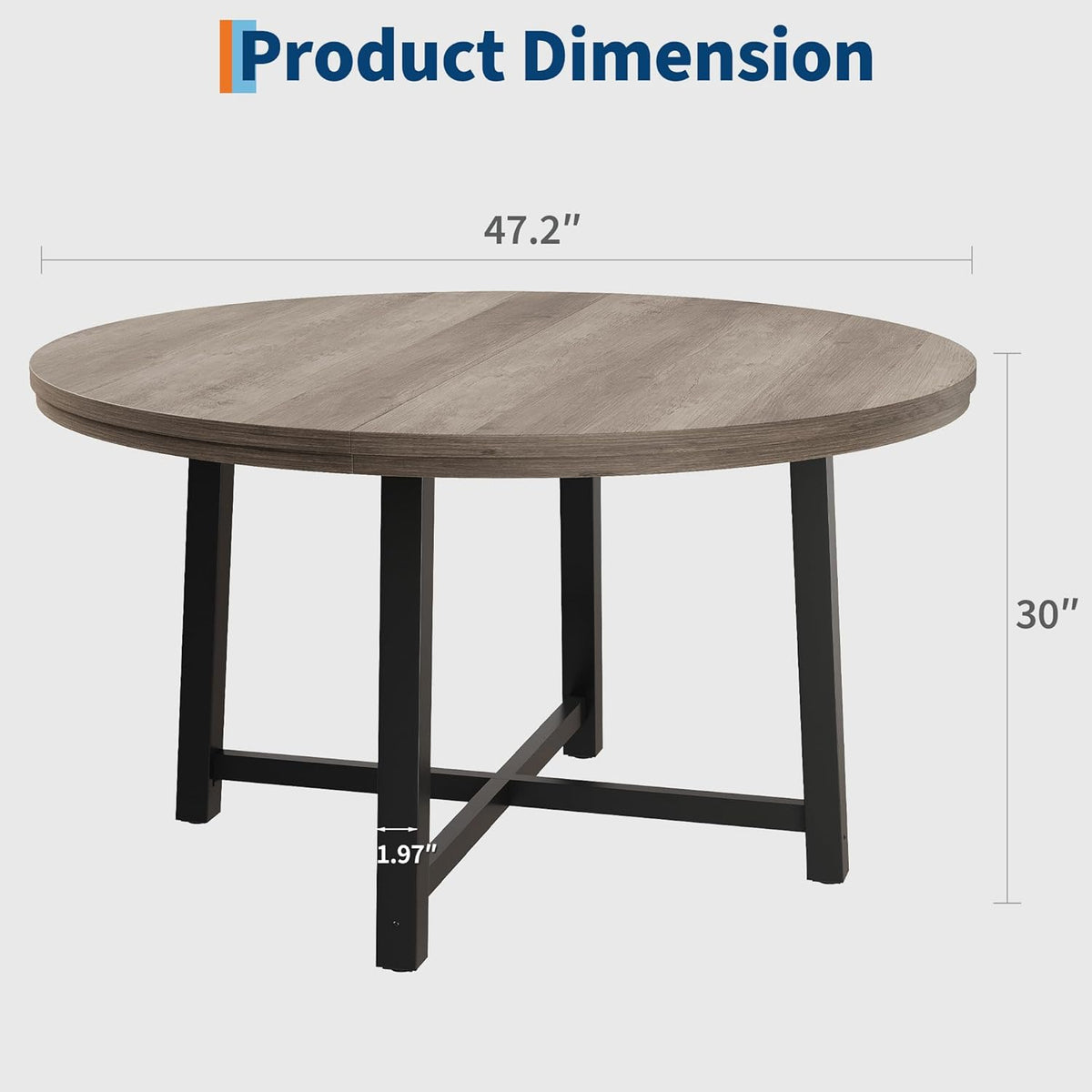GarveeHome 47 in Round Dining Table, Industrial Dinner Table for 4 to 6, Wooden Kitchen Table with Sturdy Metal Frame & Rustic Gray Finish, Circle Kitchen Table for Dining Room, Kitchen (No Chairs)