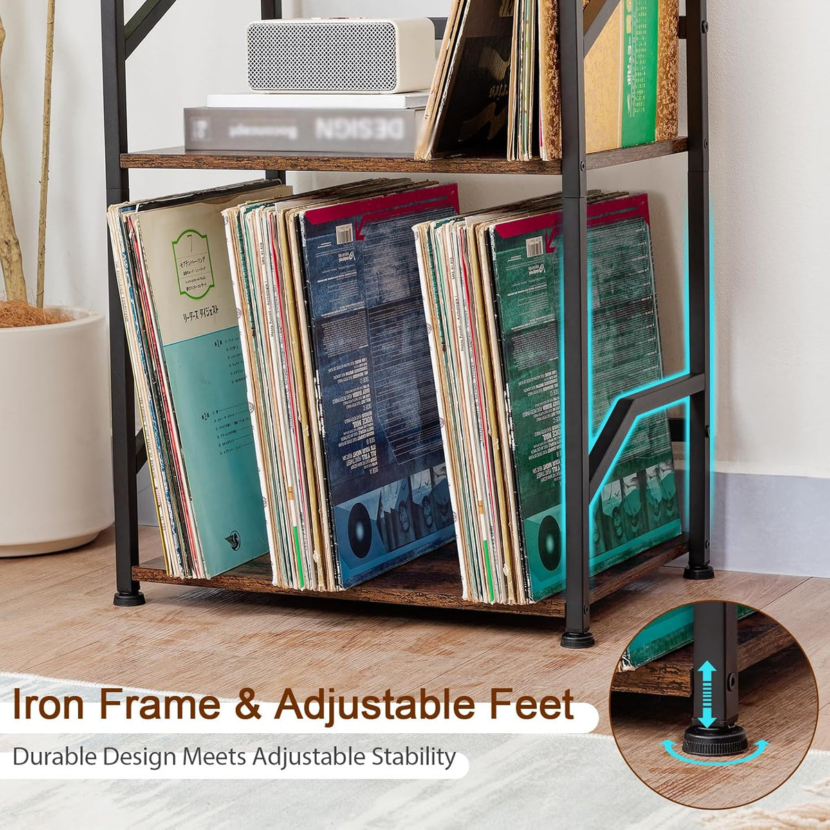 LOAKEKEL Record Player Stand, Vinyl Record Storage Up to 200 Albums, 3 Tier End Table with Removable Dividers, Tall Side Table for Living Room, Bedroom, Rustic Brown, HETCD010BR-1