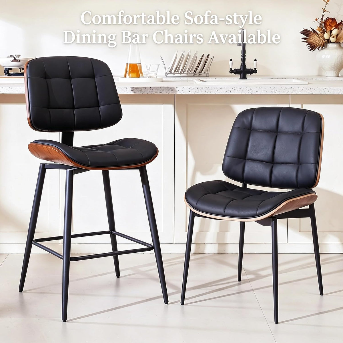 GrandNoor Mid Century Modern Dining Chairs with Walnut Grain Back, Black Faux Leather Dining Room Chairs Set of 2, Checkered Soft Cushion Kitchen Chairs with Adjustable Foot Pads
