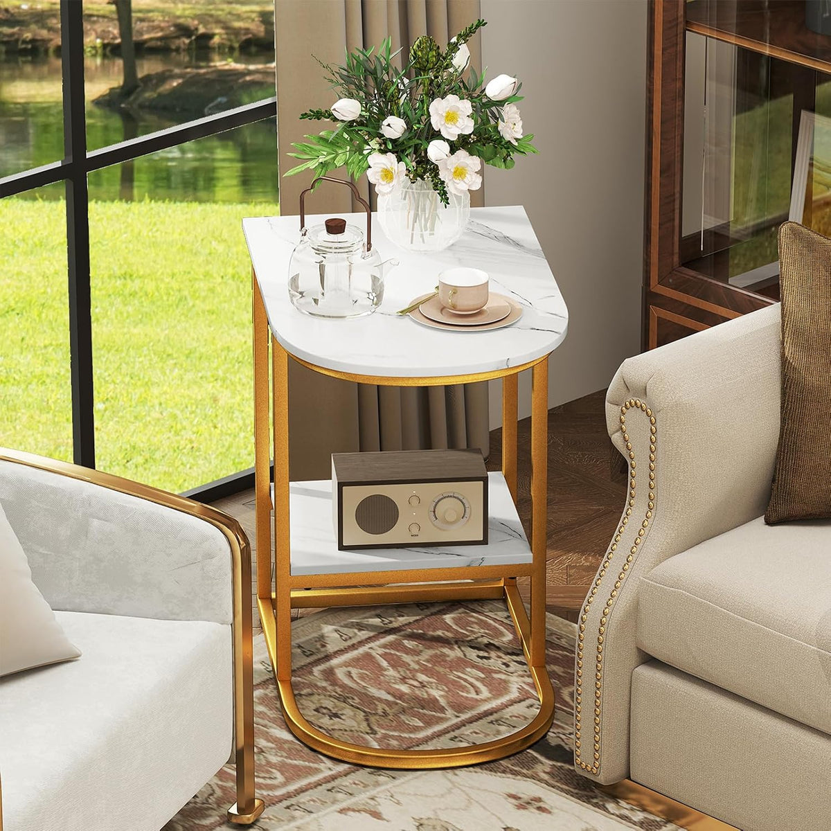 Giantex C Shaped End Table Set of 2, Modern Sofa Side Table with Faux Marble Tabletop & Storage Shelf, Slide Under Sofa Bed, 2-Tier Couch Table for Small Spaces Living Room Bedroom, White