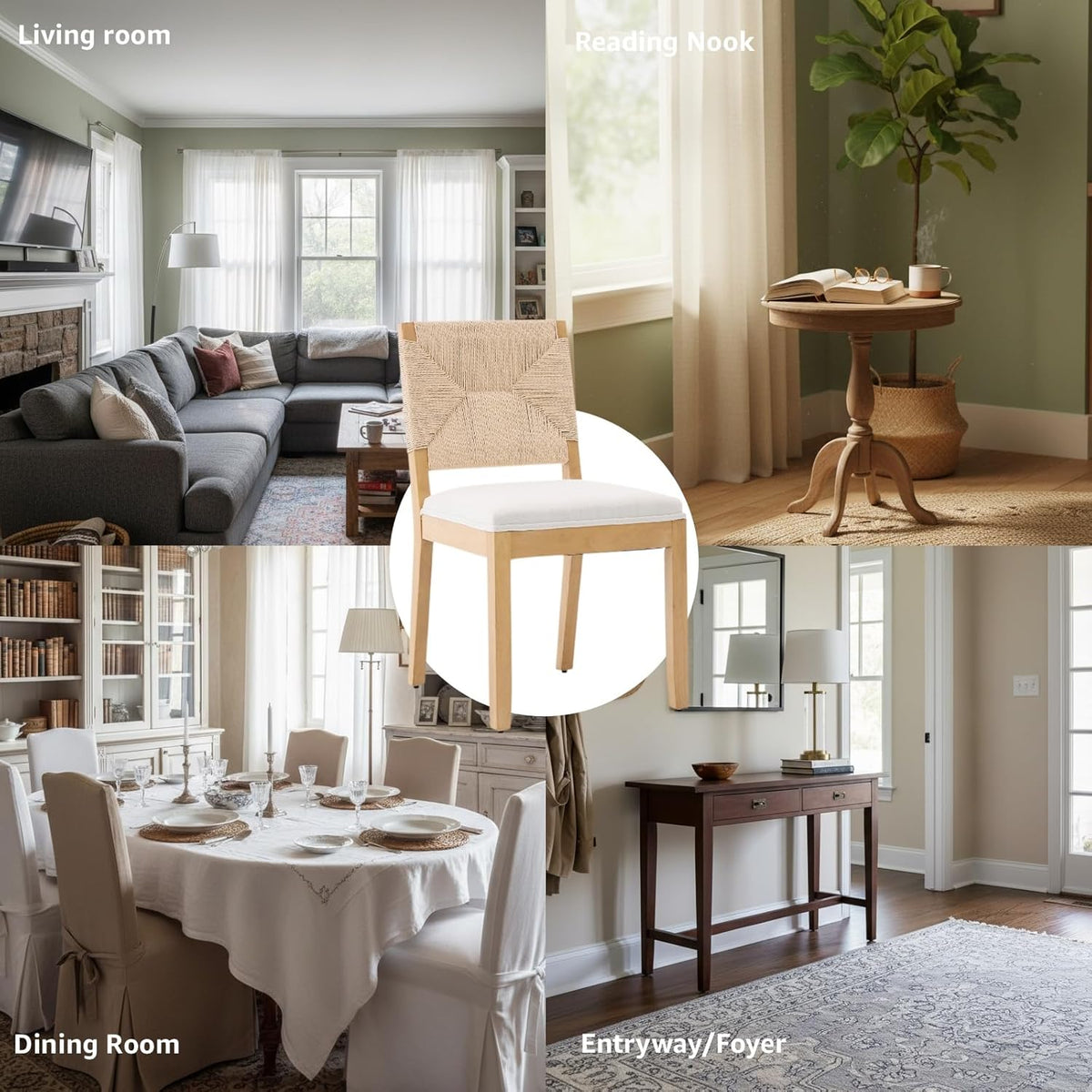 French Country Dining Chairs Set of 2, Beige Farmhouse Wood Dining Room Chairs, Woven Back Linen Upholstered Dining Chair, Solid Wood Legs, Boho Style Kitchen Chairs, Sillas de Comedor