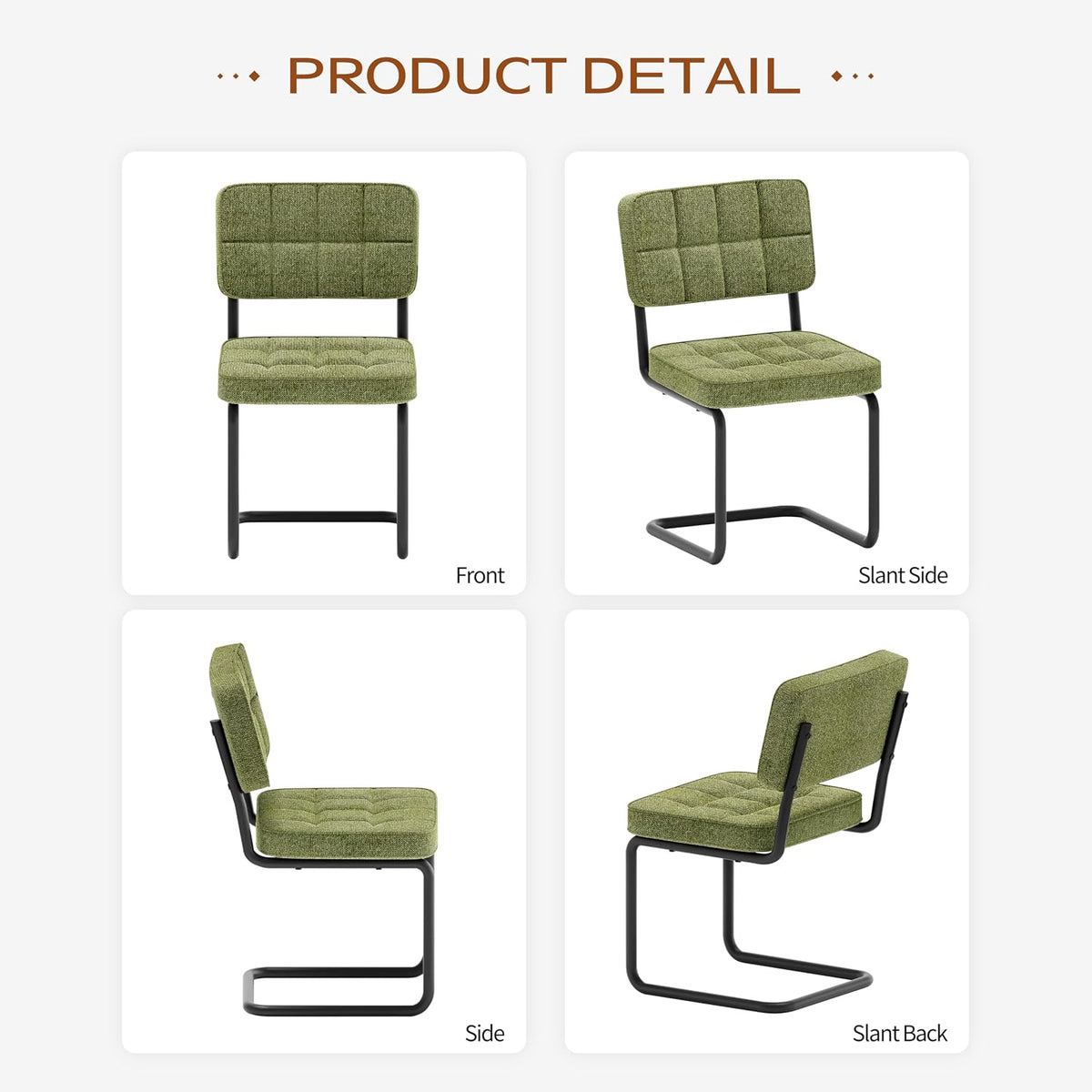 Mid-Century Modern Dining Chairs Set of 2 with Metal Legs, Green | Upholstered Chenille Cantilever Dining Chairs with Ergonomic Backrests, Armless Design, Padded Seats for Dining Room
