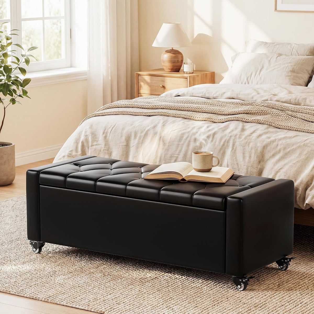 50” Ottoman Bench with Storage, Upholstered Faux Leather End of Bench for Bedroom, Load up to 660 lb, Fixed Base & Movable Swivel Wheels,Rectangular Tufted Entryway with Safety Hinge (Black)