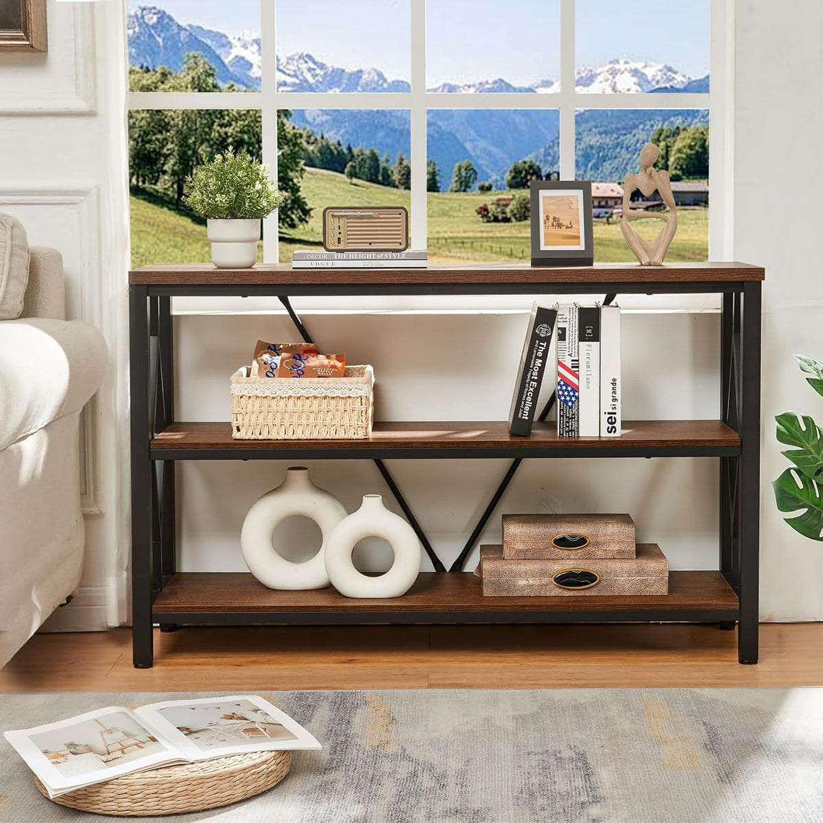 HOMISSUE Sofa Console Table, Rustic Console Table with 3-Tier Storage, Engineered Wood Sofa Tables with Open Shelves, Heavy Duty Entryway Tables for Living Room, Hallway (47 Inch, Rustic Brown)