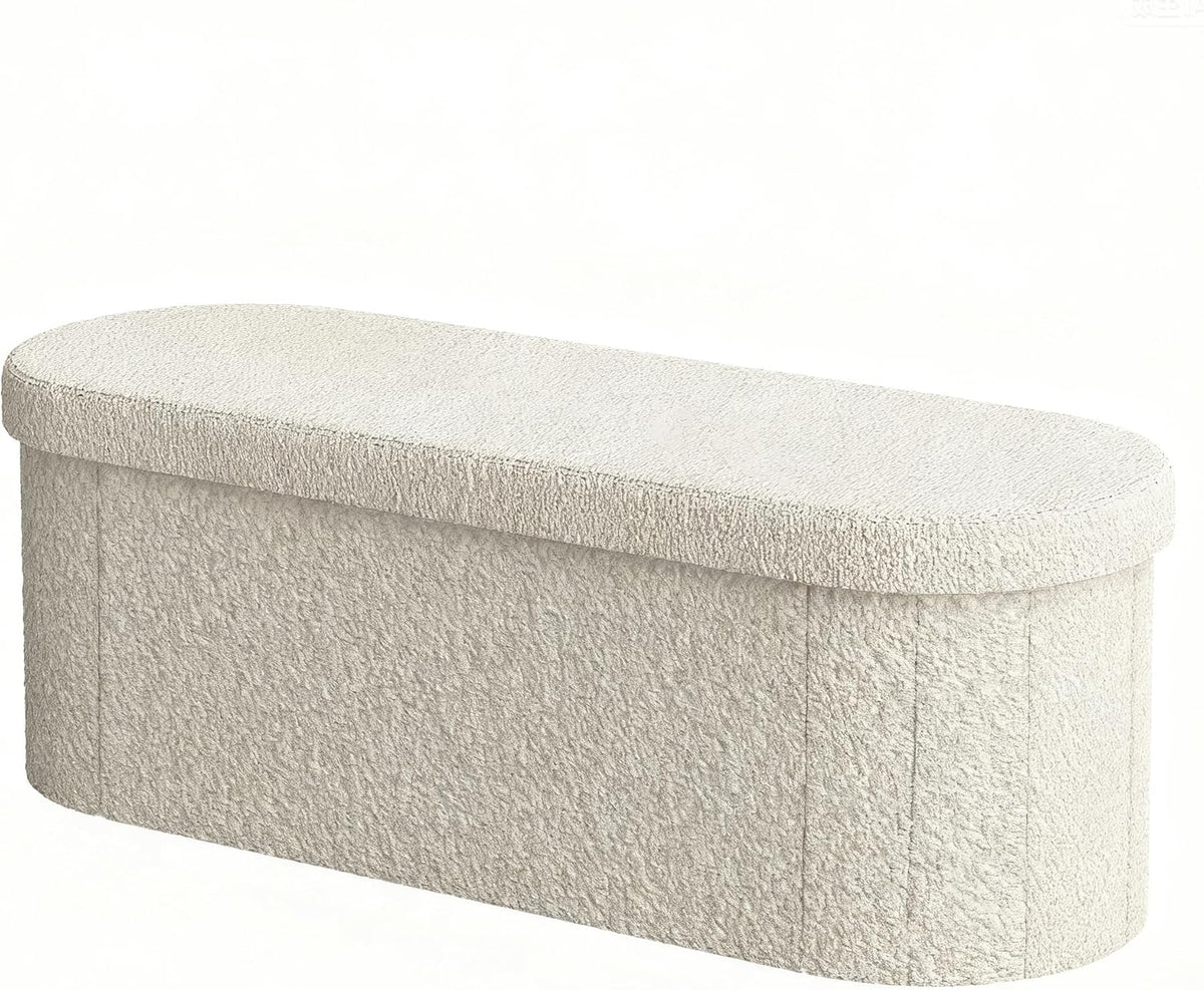 GLAXYFUR Oval Ottoman with Storage for Living Room, Sherpa Bench, Beige | 43.3 Inches Folding Chest, Foot Rest, End of Bed Bench for Bedroom, Hallway
