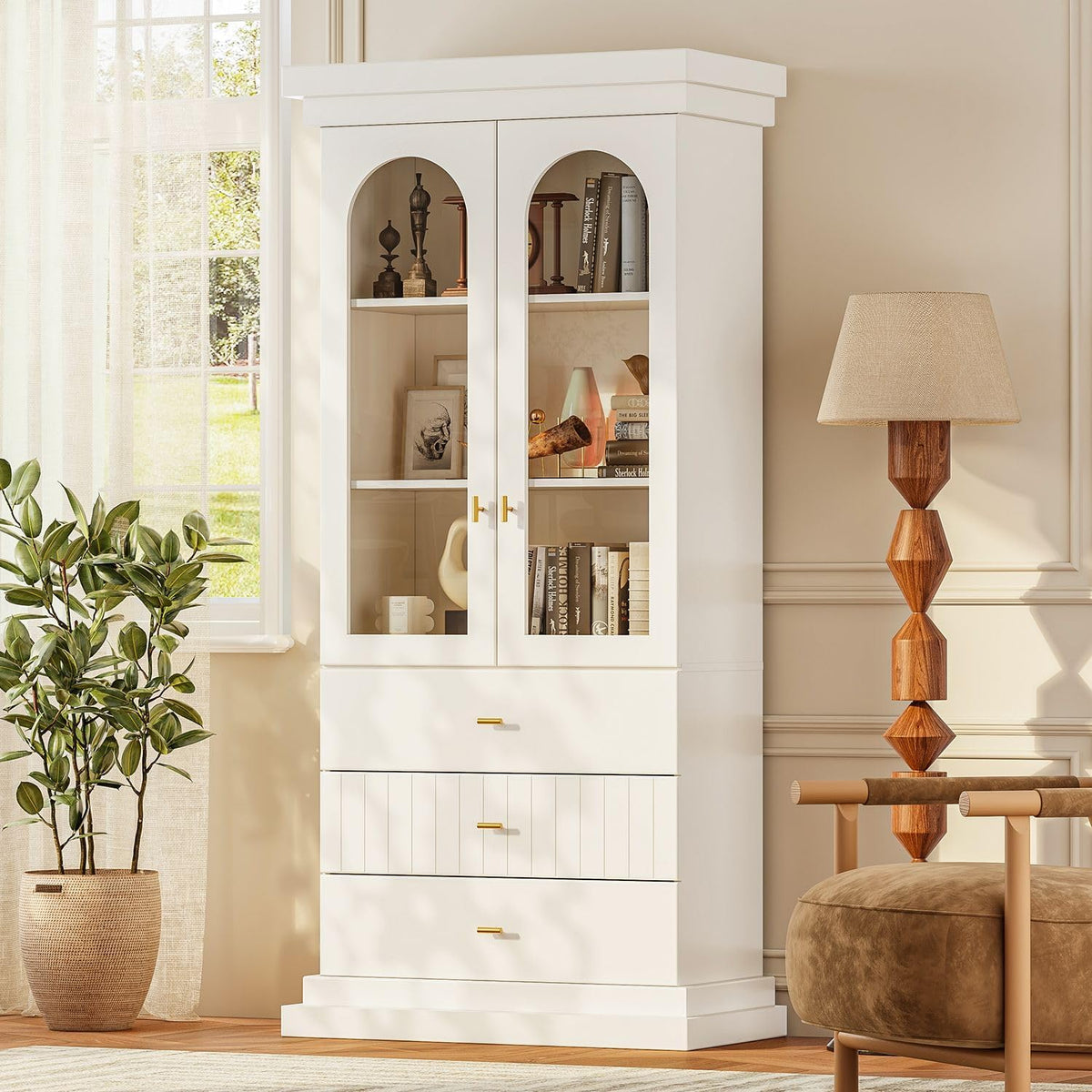 Vyre 71" Arched Kitchen Cabinet with Glass Doors, Tall Display and Storage Cabinet with Drawers for Dining Room or Living Room, Modern Pantry Cabinet with Gold Handles, White