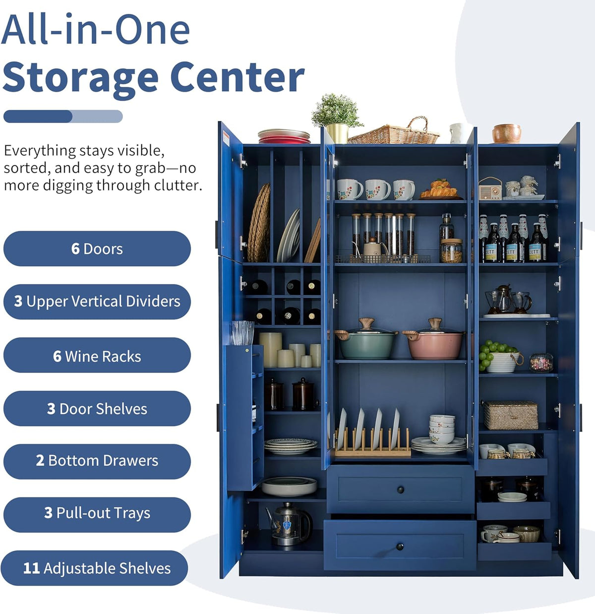 Merax Modern Large Kitchen Pantry with 6 Doors, 53.2''Lx17.7''W Storage Cabinet Cupboard with Drawers, Adjustable Shelves, Pull-Out Trays and Wine Rack for Dining Room, Blue