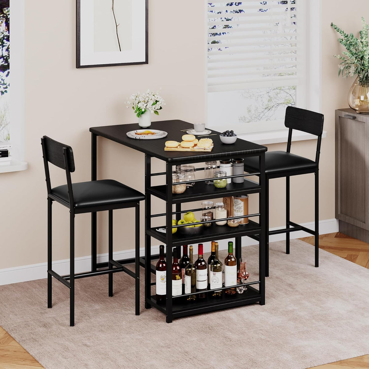 3-Piece Small Bar Table and Chairs Set for 2,Small Dining Table with 2 PU Cushioned Stools,3 Storage Shelves, Space Saving Kitchen Table Set for Breakfast Nook, Apartment, Bistro,Black.