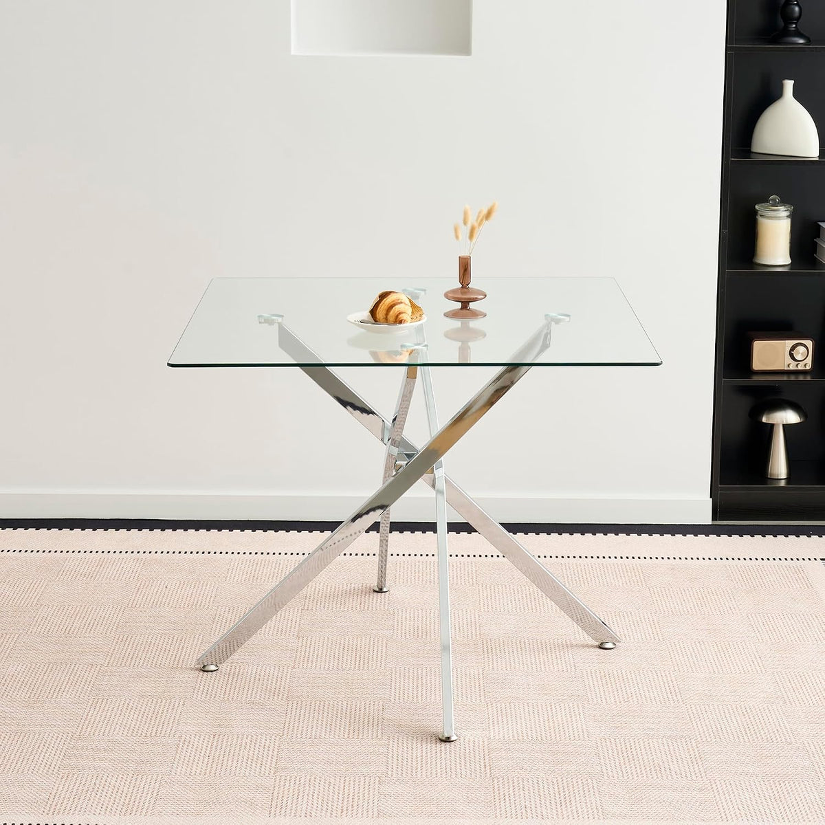 36 inch Square Glass Dining Table, Modern Dining Table for 4, Square Kitchen Table with Tempered Glass Top & Silver Chrome Metal Legs for Dining Room, Living Room, Apartment, Small Space