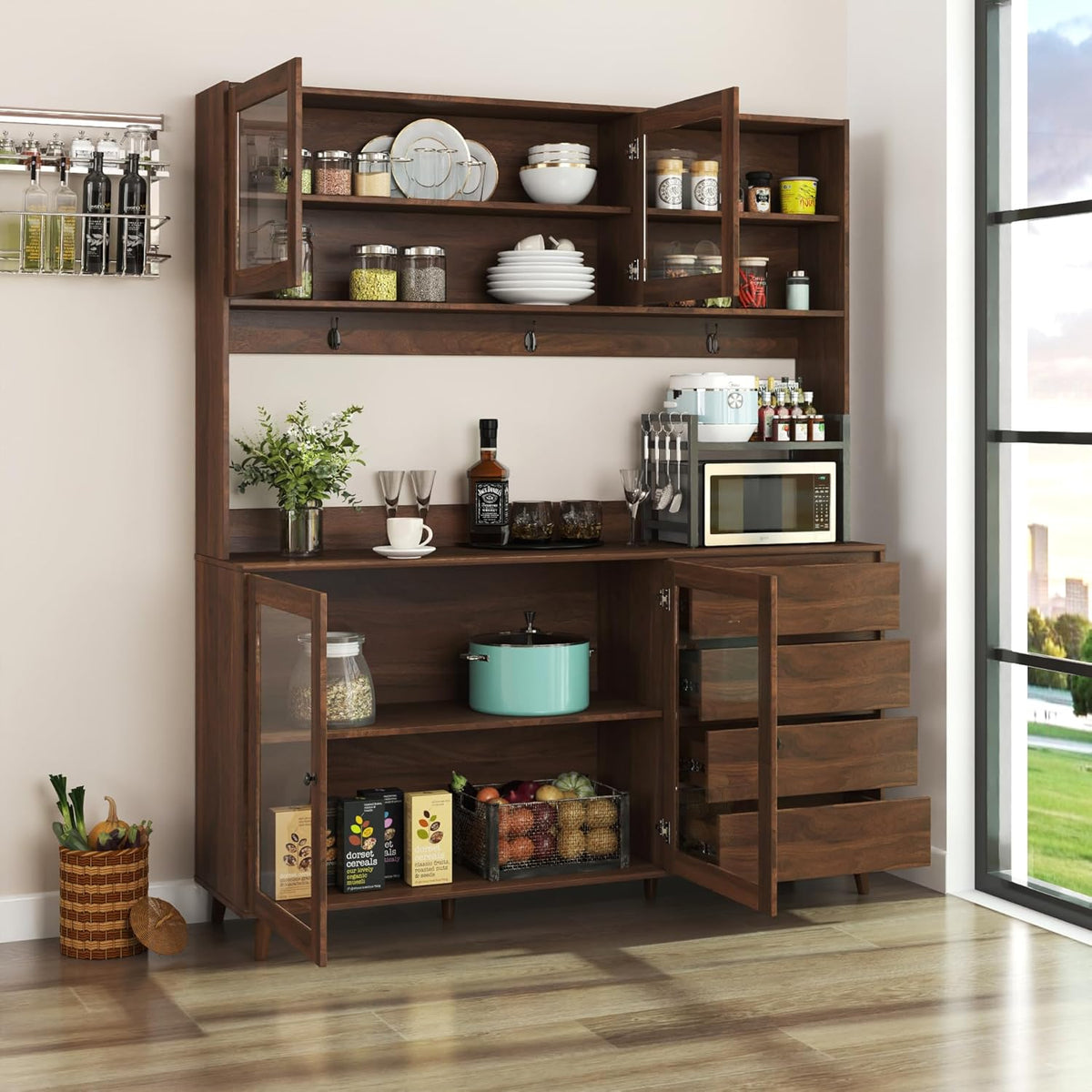 LUMISOL 63" Tall Walnut Rustic Modern Kitchen Hutch Cabinet Organizer, 4 Doors & 4 Drawers, 62.99"L x 15.75"W x 74.8"H, Kitchen Cabinet