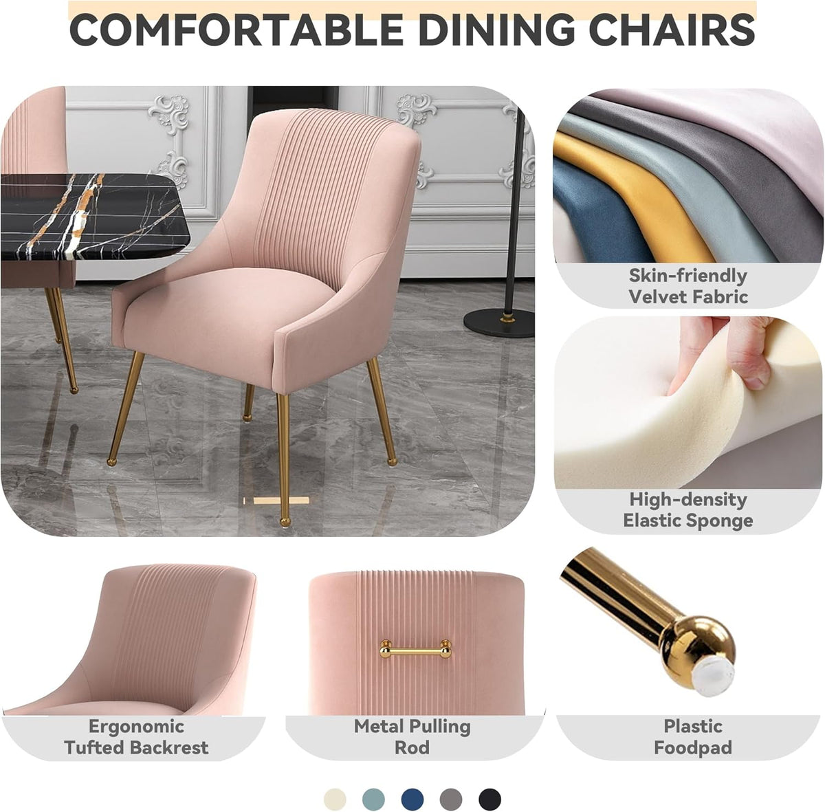 Modern Dining Chairs, Velvet Upholstered Dining Room Chairs with Gold Legs,Tufted Accent Chair Set of 8 for Reception Room Living Room Study Room(Pink)