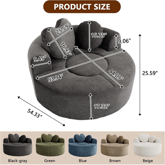 (New) Round Floor Chair Lounger Indoor, Circle Couch With 2 Pillows for Living Room, Cozy Cuddle Chair In a Box With Curved Armrest And Backrest, Heart Shaped, No Assambly Needed (Gray Black)