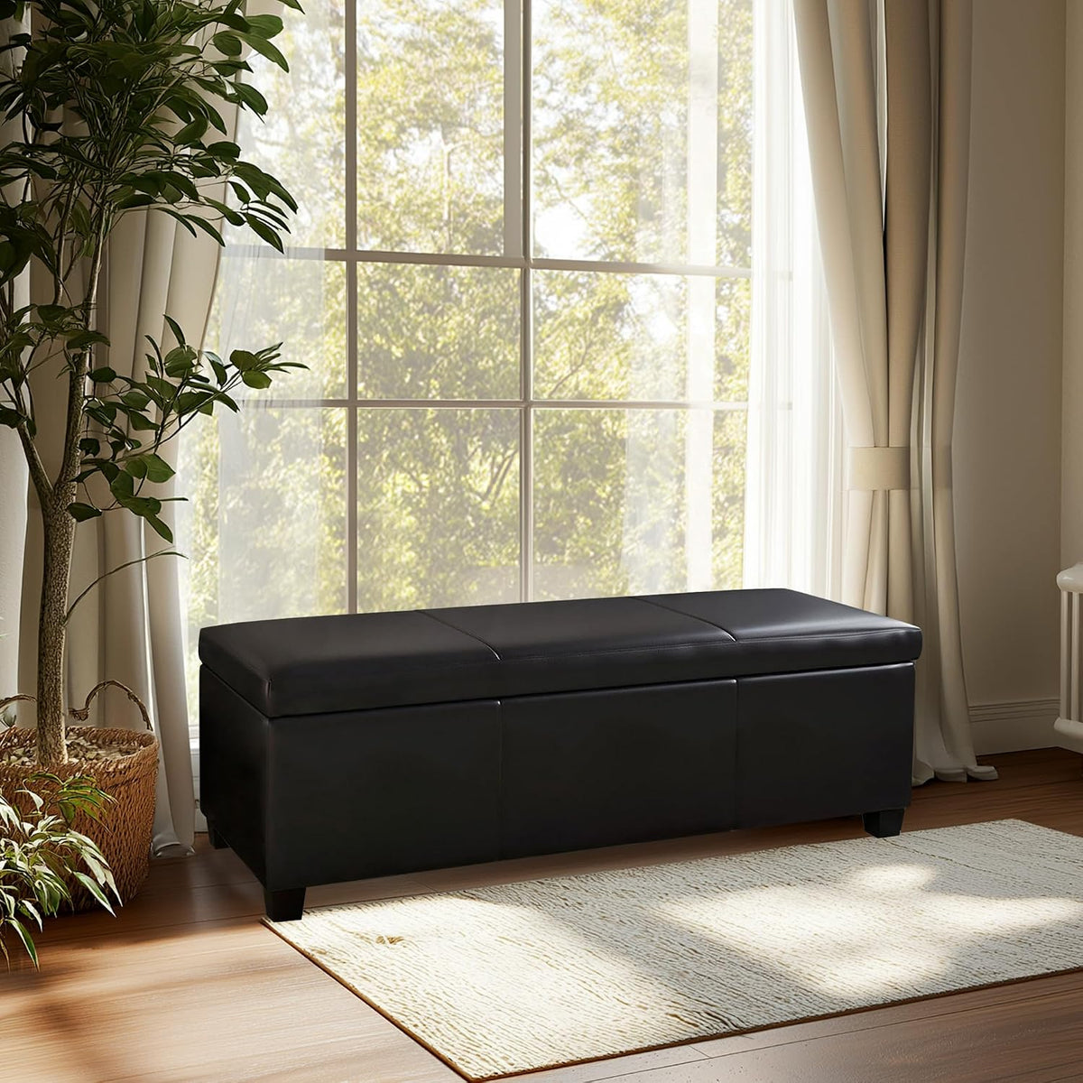 BELLEZE Storage Faux Leather Ottoman, 47 Inch Bench Bedroom Bench with Safety Close Hinge, Extra Long Ottoman with Storage for Living Room, Entryway, Hallway, Foot Rest, Support 300lbs - Black