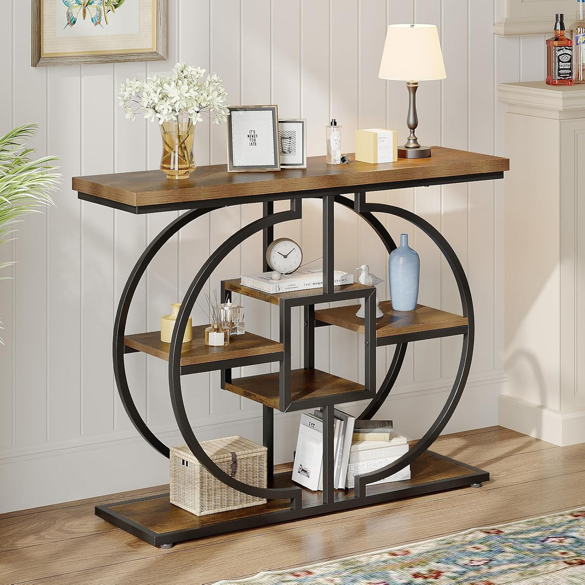 GiftGo Narrow Console Table for Entryway Industrial 4-Tier Sofa Table Behind Couch with Circle Base Rustic Wooden Accent Tables with Storage Shelves for Living Room, Hallway, Foyer (Brown)
