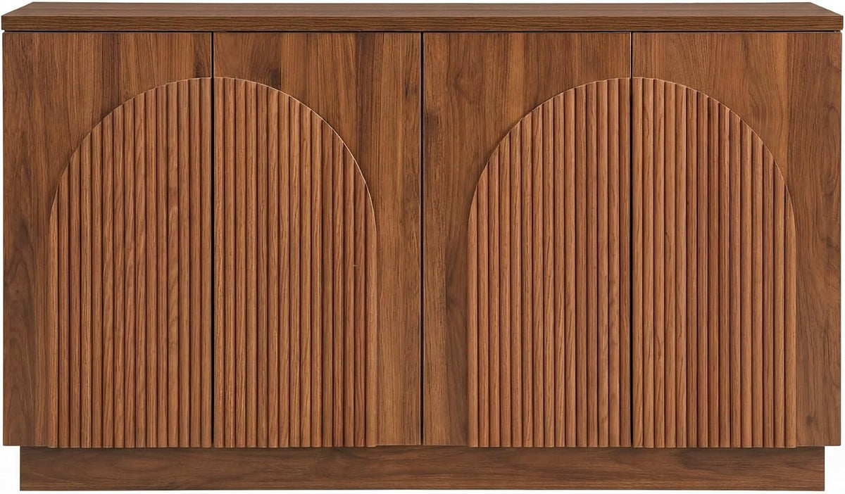 Yechen 110" Modular Fluted Sideboard Buffet Cabinet with Storage, Wood Mid Century Modern Credenza Cabinet w/Arched Reeded Doors & Adjustable Shelves for Kitchen, Living Room, Walnut