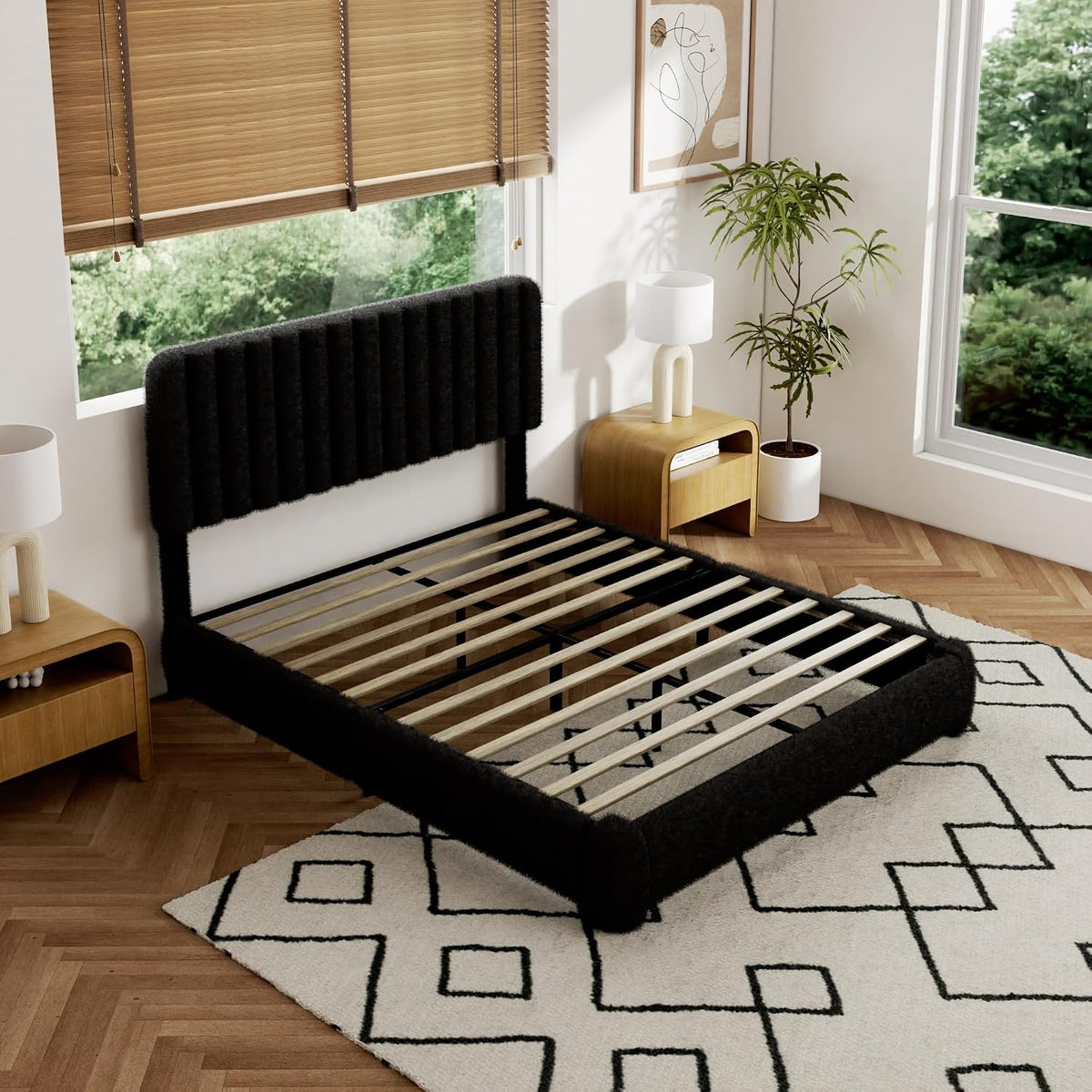Queen Size Boucle Bed Frame, Upholstered Cloud Platform Bed Frame with Adjustable Headboard, Vertical Tufted, Soft Rounded Corners, No Box Spring Needed, Noise Free Design, Easy Assembly, Black