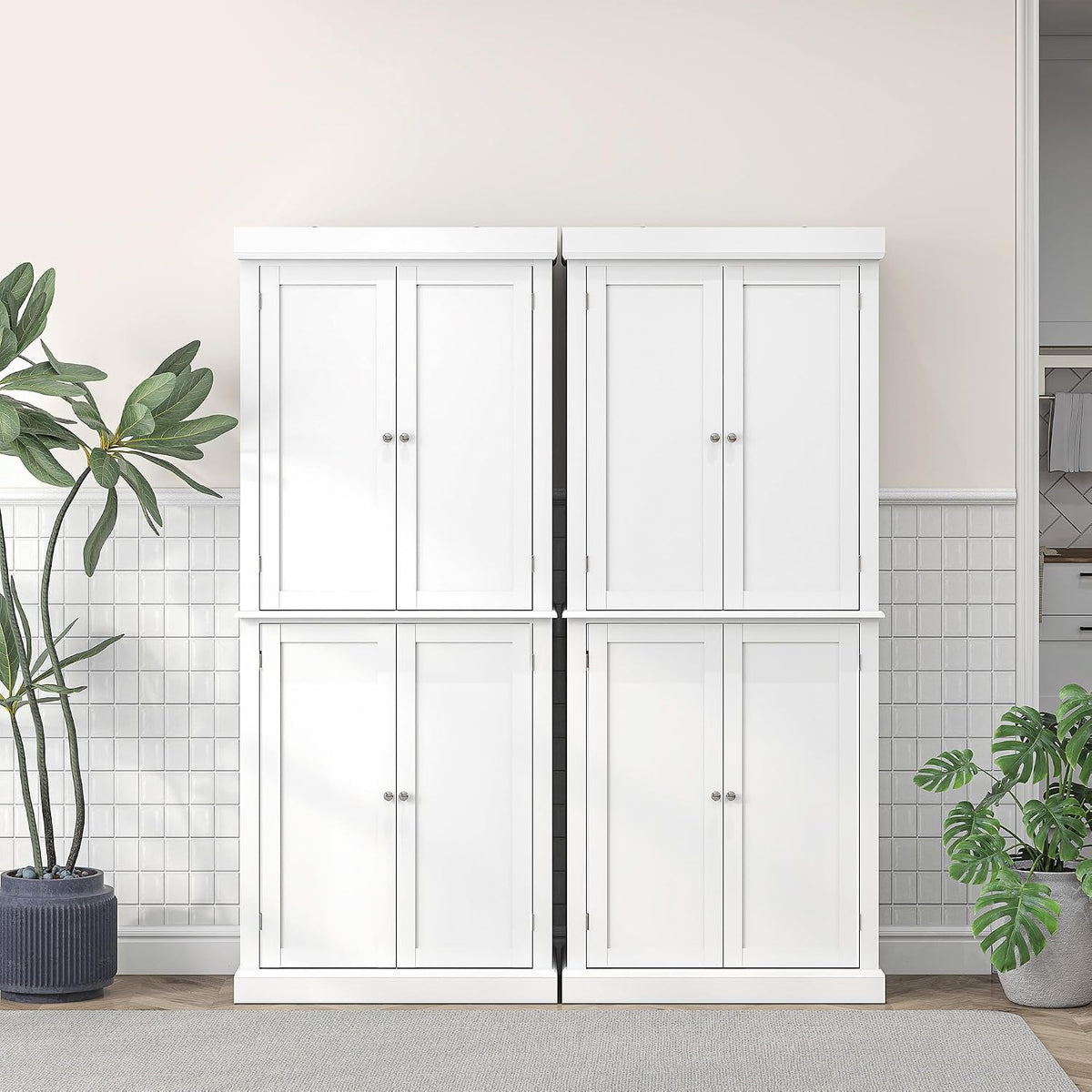 HOMCOM 72.5" Tall Kitchen Pantry Cabinet, Freestanding Modern Farmhouse Kitchen Storage Cabinet with 4 Doors and 2 Adjustable Shelves for Dining Room, White