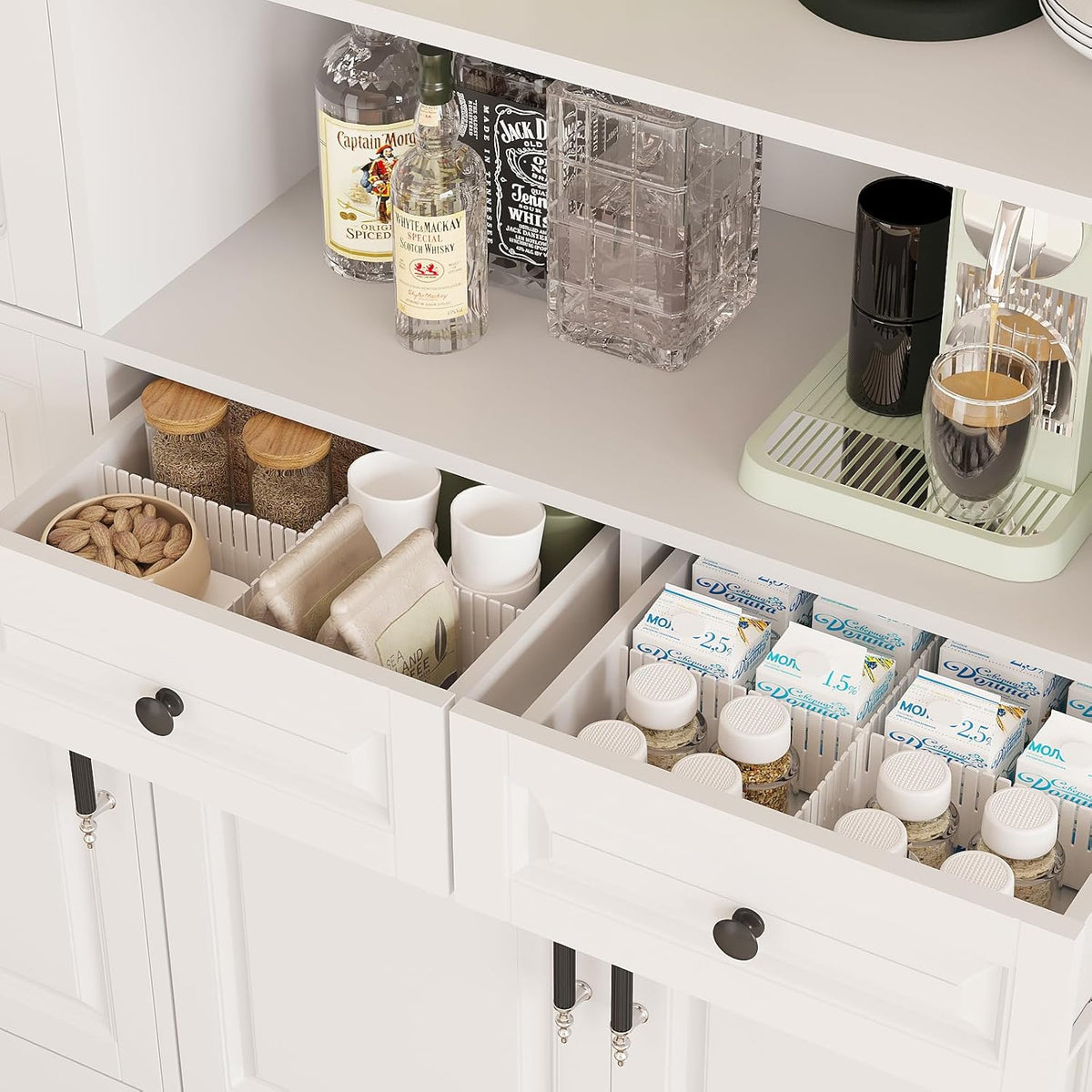 MEISSALIVVE Kitchen Pantry Storage Cabinet with LED Lights, 78.7" Tall with Glass Doors & Drawers, Freestanding Utility Cabinet, White (63" W x 15.7" D)