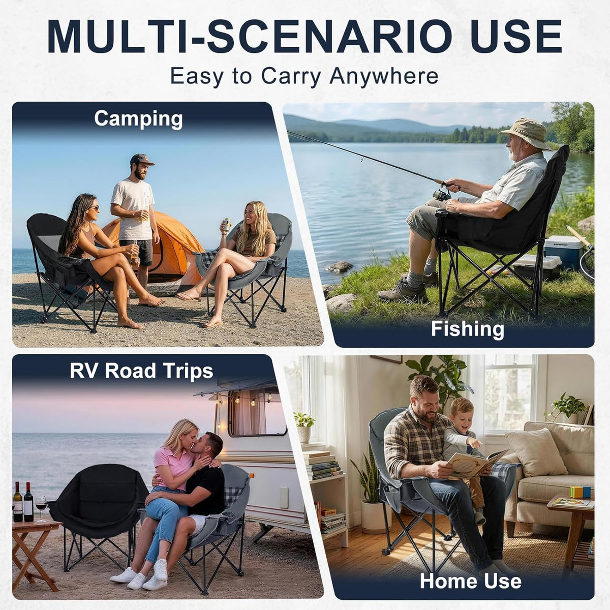 Oversized Camping Chairs for Adult - Heavy Duty Padded Portable Folding Chair XL Collapsible Camp Chair with Cup Holder Side Pocket for Outdoor Lawn Beach Sport Fishing Support 500LBS, Black
