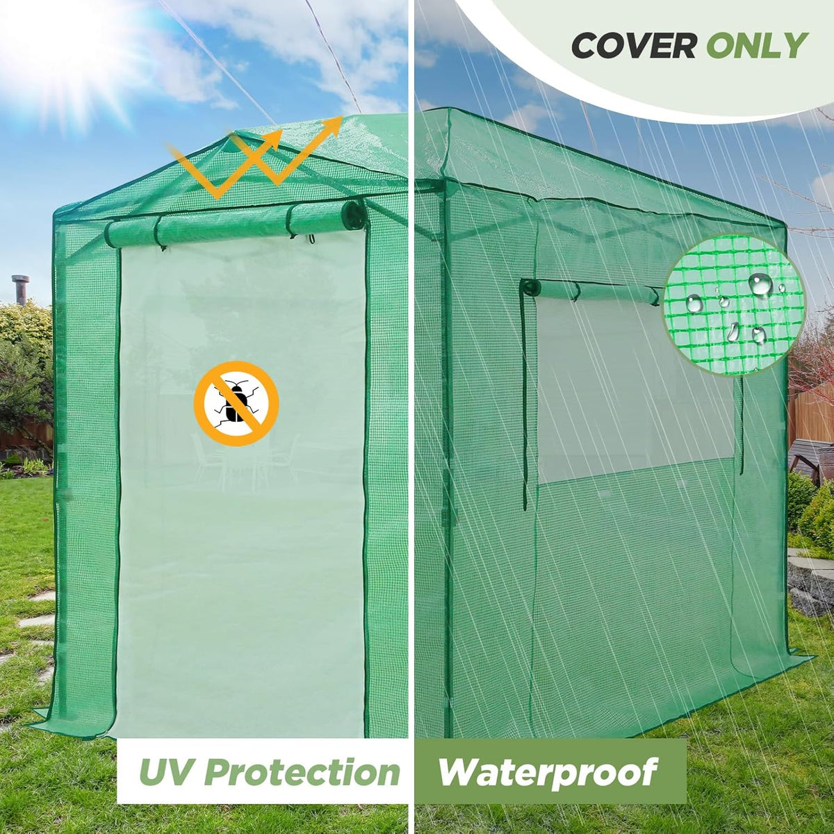 EAGLE PEAK Replacement Cover for 8x6 Portable Pop up Greenhouse, Dual Roll-up Zipper PE Door & Upgraded Screen Mesh Door and 2 Roll-Up Side Windows (Frame Not Included), Green