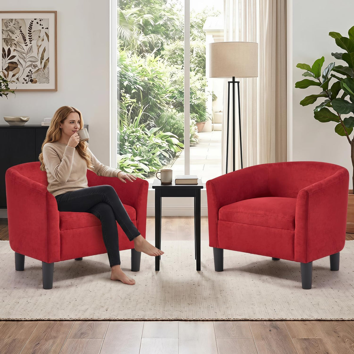 INZOY Oversized Accent Chair with Ottoman, 23.2" W Oversized Club Chair with Ottoman Set, Comfy Fabric Barrel Reading Chairs for Living Room Bedroom, Round Reading Chair with Foot Rest, Red