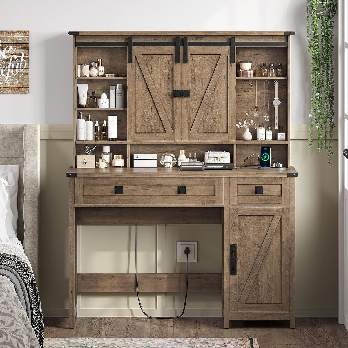 AOGLLATI Makeup Vanity with Lights & Barn Doors, Vanity Desk with Mirror and Lights & Charging Station, Farmhouse Brown Vanity Table with Jewelry Hooks and Open Storage Shelves