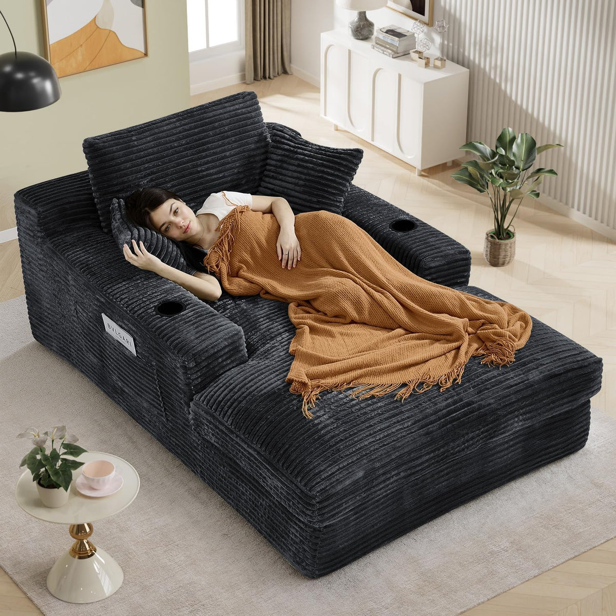 49" x 76" Corduroy Chaise Lounge, Cup Holders, Dark Gray | Super-oversized corduroy chaise with deep sleeper seating and built-in cup holders for reading, lounging, or overnight rest.