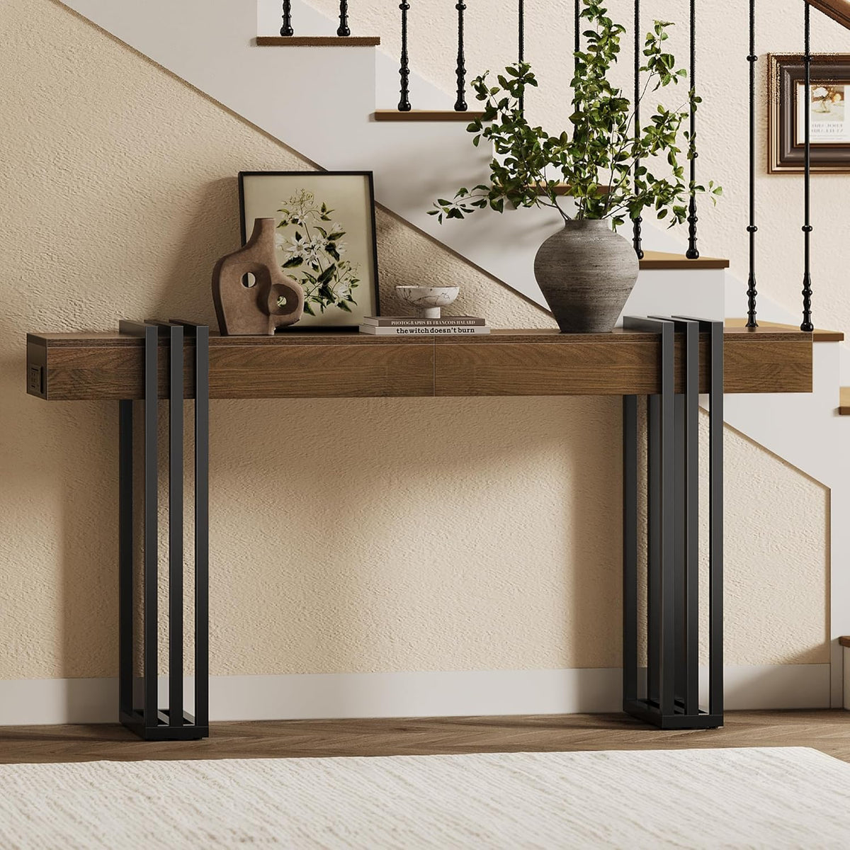 63" Long Console Table for Entryway - Behind Couch Table for Living Room, Wood Sofa Tables with Black Parallel Metal Frame & Power Outlet for Hallway, Entrance, Narrow Foyer, Walnut