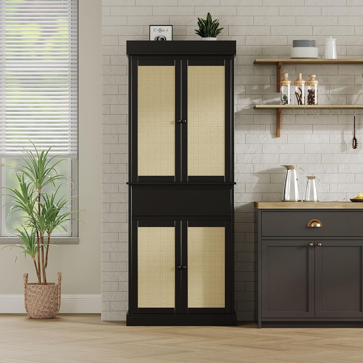 CABIHOME 69" Kitchen Pantry Storage Cabinet, Rattan Kitchen Pantry Cabinet with Drawer, 4 Doors & Adjustable Shelves, Modern Freestanding Cupboard for Bathroom, Laundry, Dining Room, Black