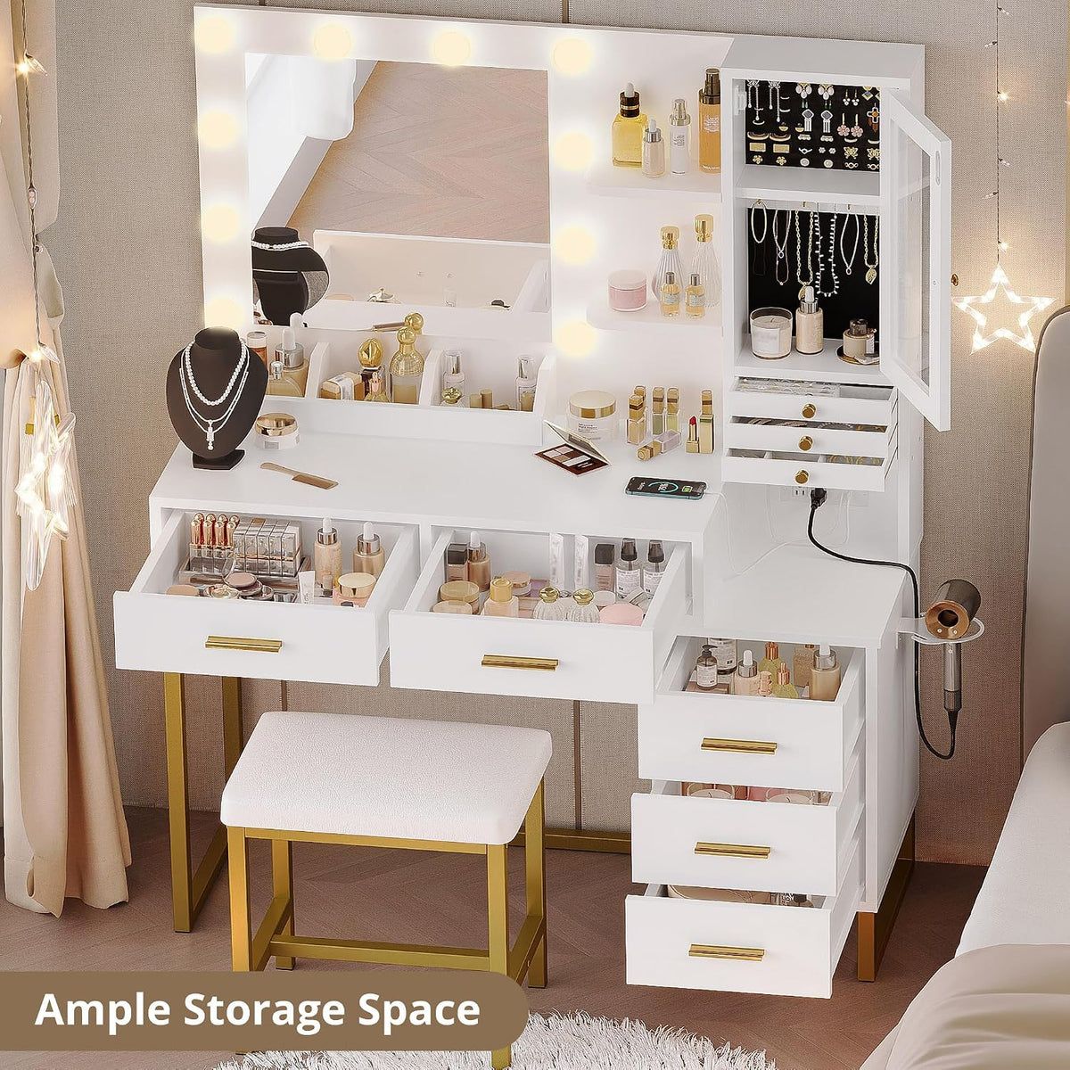 IRONCK Vanity Desk with Mirror and Lights, Jewelry Storage, White & Gold | Makeup Vanity Table with 5 Drawers & Shelves, Power Outlet, Vanity Stool, Dressing Table for Girls Bedroom