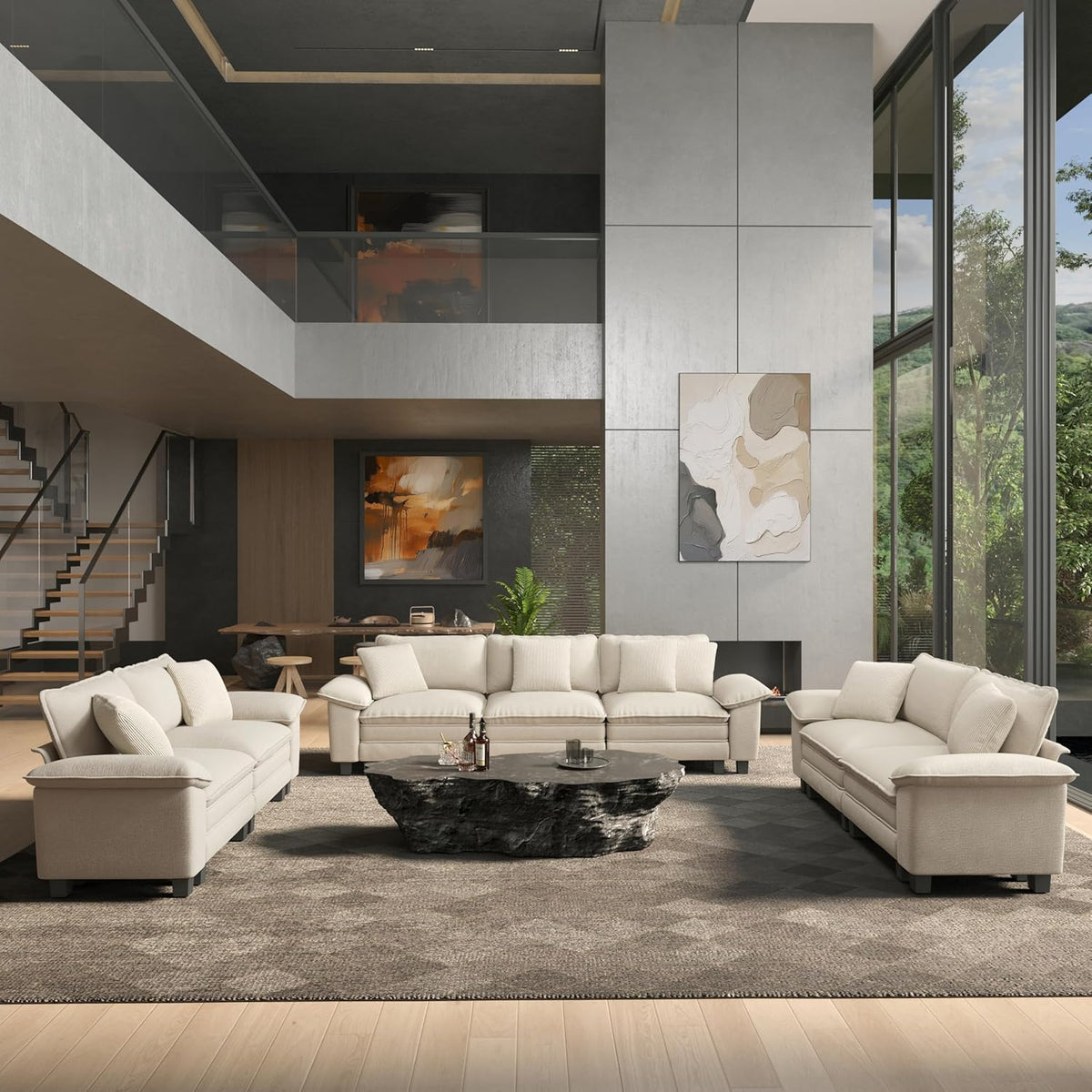 HERA'S HOUSE 2 Pieces Modular Loveseat Couch & 3-Seat Sectional Sofa Set | Modern 5-Seater Cloud Sofa Set , White, Wider Armrest, Comfy Deep Seat, Soft Chenille Furniture Set for Living Room