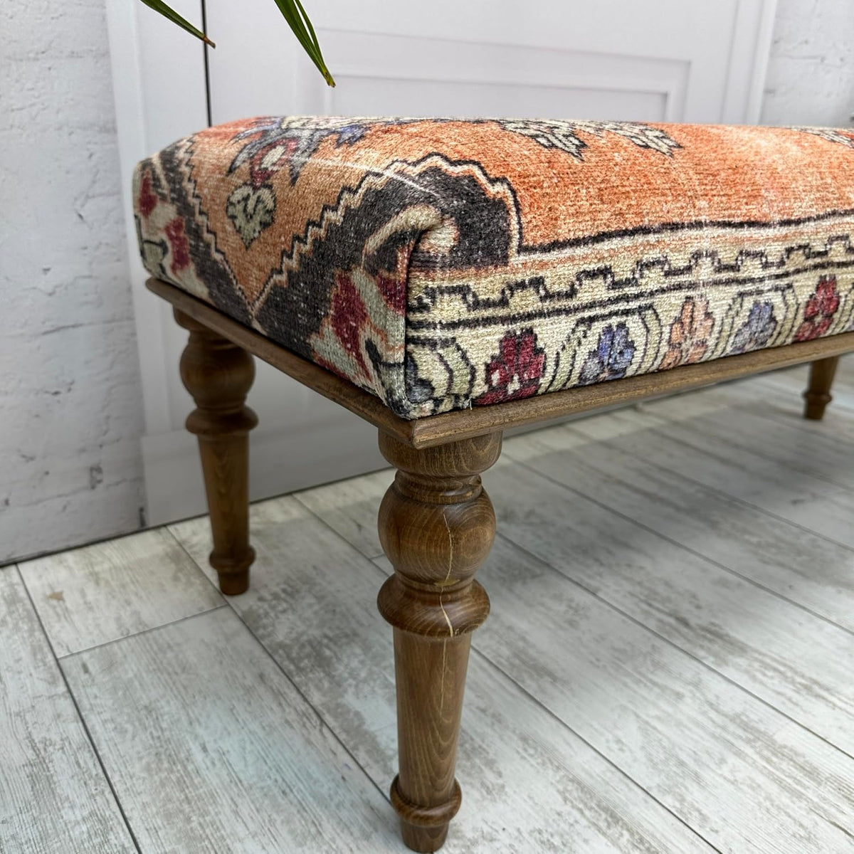 Ottoman Bench with Rug Upholstered Handmade Wood Work for Boho Farmhouse Kitchen Dining Room Entryway Footstool Livingroom Bedroom, Piano Bench, Coffee Bench (Era-62, 18x18x48)