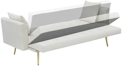 71" Modern Velvet Sofa Bed Futon, Convertible Sleeper Couch, Adj. Backrest | Tufted Recliner Loveseat Design with Golden Chrome Legs & 2 Pillows, Perfect for Small Spaces, Living Room, Apartment