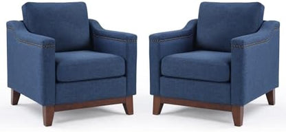 HAOMARKETS Vintage Upholstered Armchair Set of 2 with Nailhead Trim and Solid Wood Legs, Comfortable Accent Chair for Living Room & Bedroom, Blue