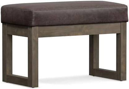 SIMPLIHOME Milltown 27" Wide Vegan Leather Ottoman in Distressed Brown | Contemporary ottoman with a cushioned seat for bedroom seating; rectangle footstool, footrest or bench.