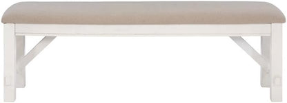 Pemberly Row 60" Wood/Fabric Bench, Smokey White Finish, Beige Upholstery, Transitional Style, Stain-Resistant Seat, Durable Construction, Comfortable Seating for Kitchen or Dining Room