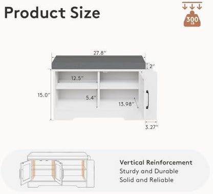 Farmhouse Shoe Storage Bench with 3-in-1 Entryway Storage & Padded Seat | 27.8" Wide Entryway Bench with Adjustable Shelves, Shoe Organizer & Side Storage Rack for Living Room, Bedroom, White