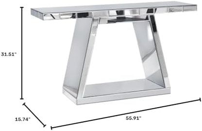 56" Silver Mirrored Console Table, Rectangle Glass Couch Behind Sofa Table with Trapezoid Base, Narrow Long Rectangular Accent Table for for Living Room Hallway Entryway Foyer Entrance