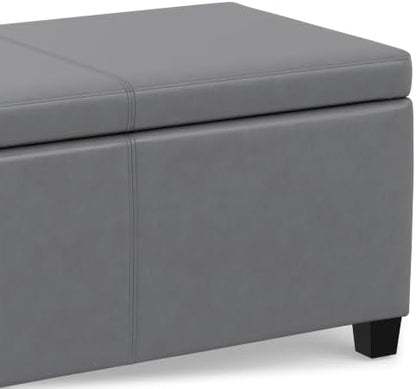 SIMPLIHOME Avalon 48" Wide Vegan Leather Storage Ottoman in Stone Grey | Contemporary lift-top ottoman with high-density foam; rectangle storage bench or coffee table for living room or entryway.