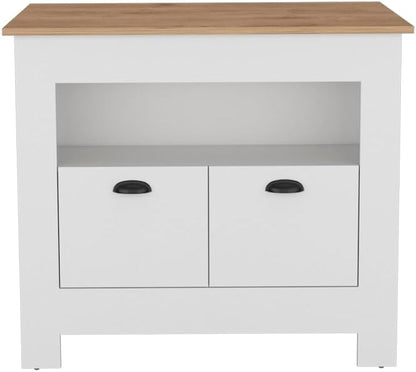 Kitchen Island Geneva, White/Macadamia with Spacious Workspace and Ample | 40.5" x 27.5" Macadamia countertop with ample storage and engineered wood frame