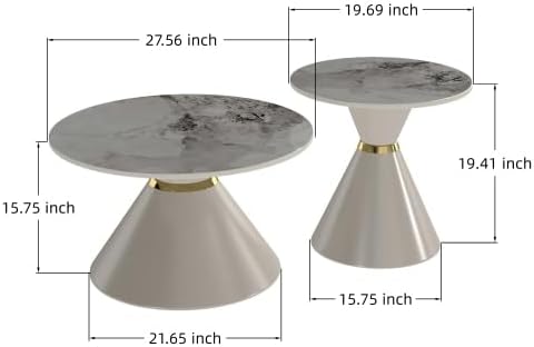 Set of 2 Nesting Coffee Table Round Faux Marble Top Coffee Tables with Base | Conical Base Nesting Coffee Table Set of 2, Round Marble‑Effect Top Stackable Coffee Tables for Small Space Living Room
