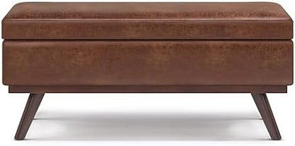 SIMPLIHOME Owen 42" Wide Vegan Leather Lift Top Ottoman in Saddle Brown | Distressed saddle brown, mid-century modern lift-top ottoman with storage for living room; rectangle footstool or pouf.