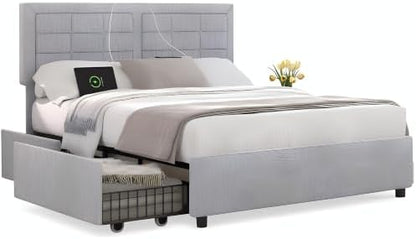 VECELO Full Size Bed Frame with 4 Drawers, Adjustable Tufted Button Headboard, Upholstered Platform with Wood Slats Support, Built-in USB and Type C Ports, Light Gray