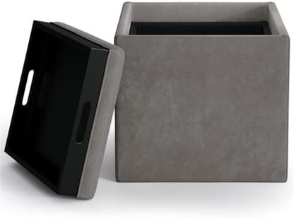SIMPLIHOME Rockwood 17" Wide Vegan Leather Storage Ottoman in Grey | Distressed slate grey, contemporary ottoman with flip-over tray top and hidden storage; cube storage bench for living room.