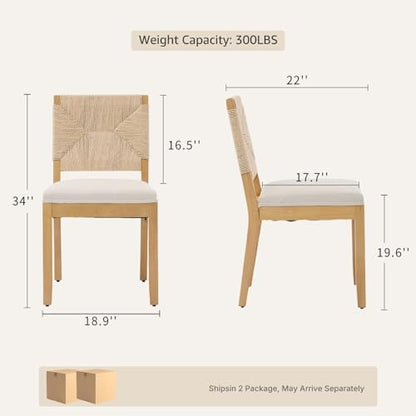 Boho Mid Century Modern Dining Chairs Set of 4, Rattan Dinning Chair with a Square Back, Warm Beige Cane Dining Chair, Linen Upholstered Kitchen and Dining Room Chairs, Sillas para Comedor