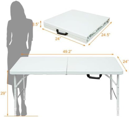 Folding Table 4FT, Heavy Duty Portable Plastic Folding Table with Handle, Anti-Slip Feet, Waterproof, Easy to Clean, Adjustable Height, 300LBS Capacity, Foldable for Indoor Outdoor Use(White)