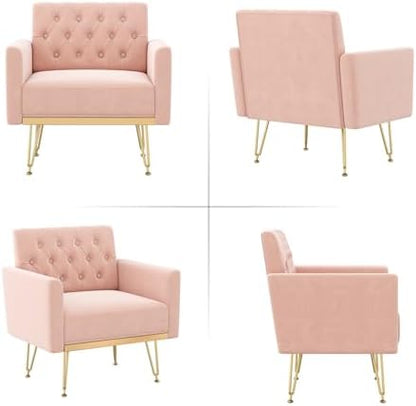 Olela Accent Chair with Arm for Living Room, Velvet Modern Armchair, Pink | Single Sofa Cozy Tufted Upholstered Reading Side Chairs with Gold Metal Leg for Bedroom Decorate