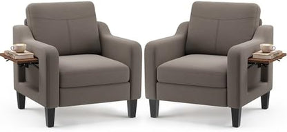 Accent Chairs Set of 2 for Living Room, Mid-Century Upholstered Armchair with Foldable Table & 2 Side Pockets, Modern Linen Wooden Sofa Chair for Bedroom & Reading Room, Brown