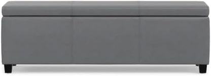 SIMPLIHOME Avalon 48" Wide Vegan Leather Storage Ottoman in Stone Grey | Contemporary lift-top ottoman with high-density foam; rectangle storage bench or coffee table for living room or entryway.